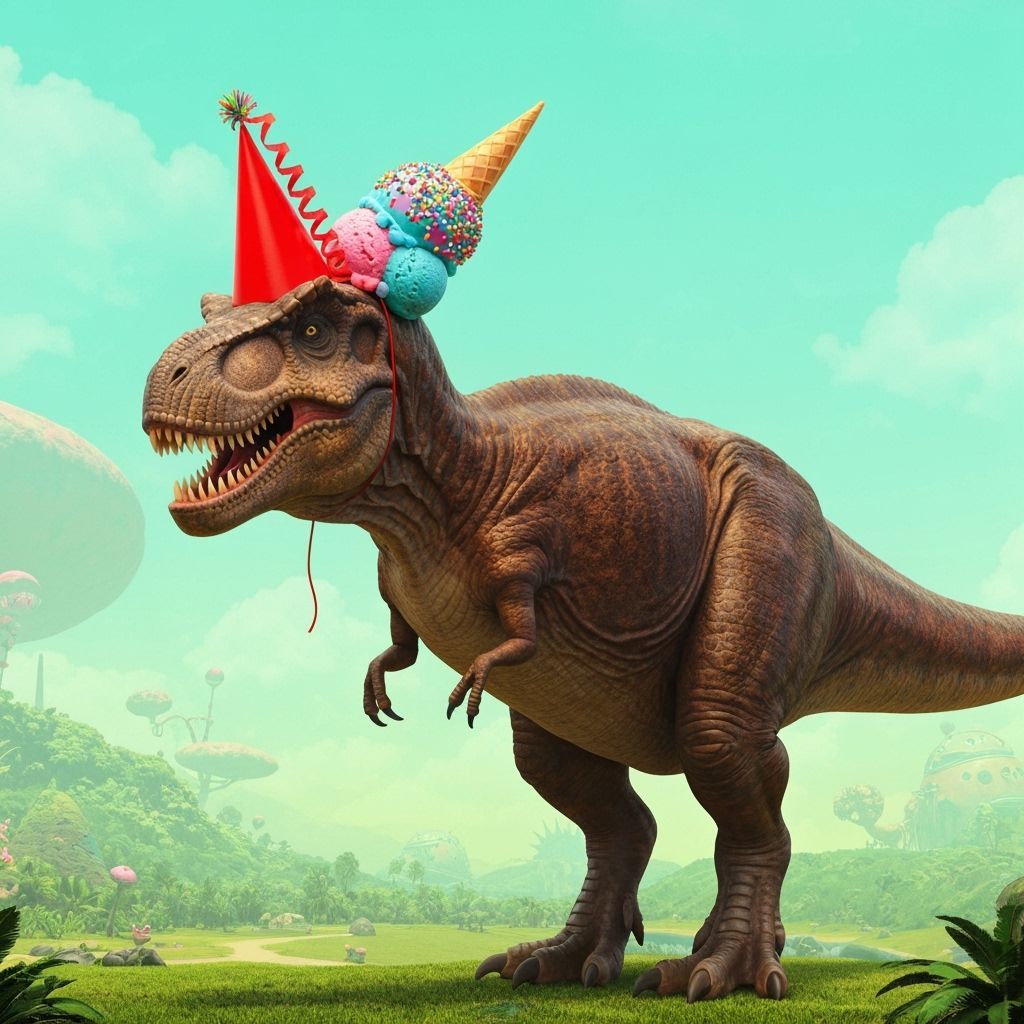T-Rex Balances Ice Cream in Whimsical Digital Art
