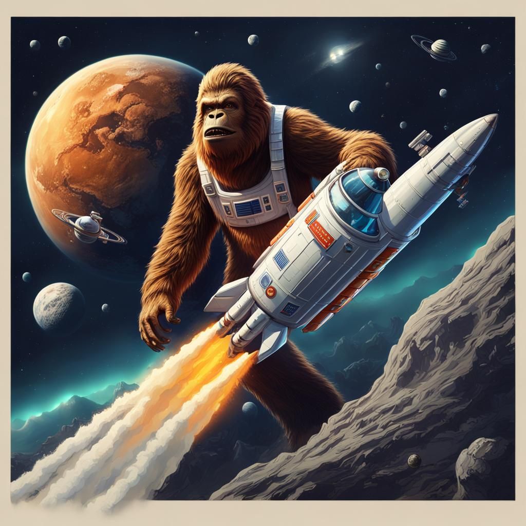 Bigfoot on Rocket in Space, Pinup Style