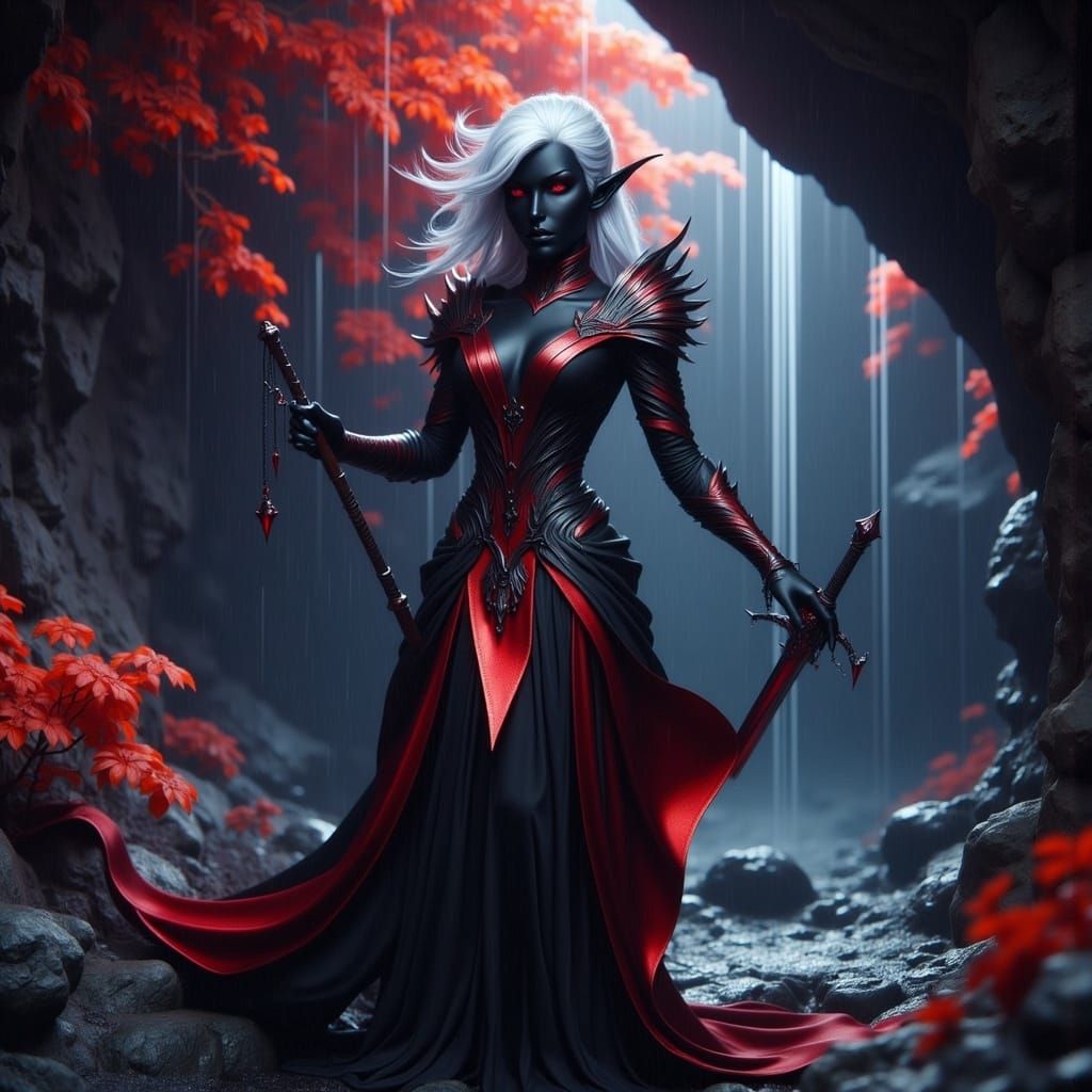 Dark Elf Cleric in Underground Cave