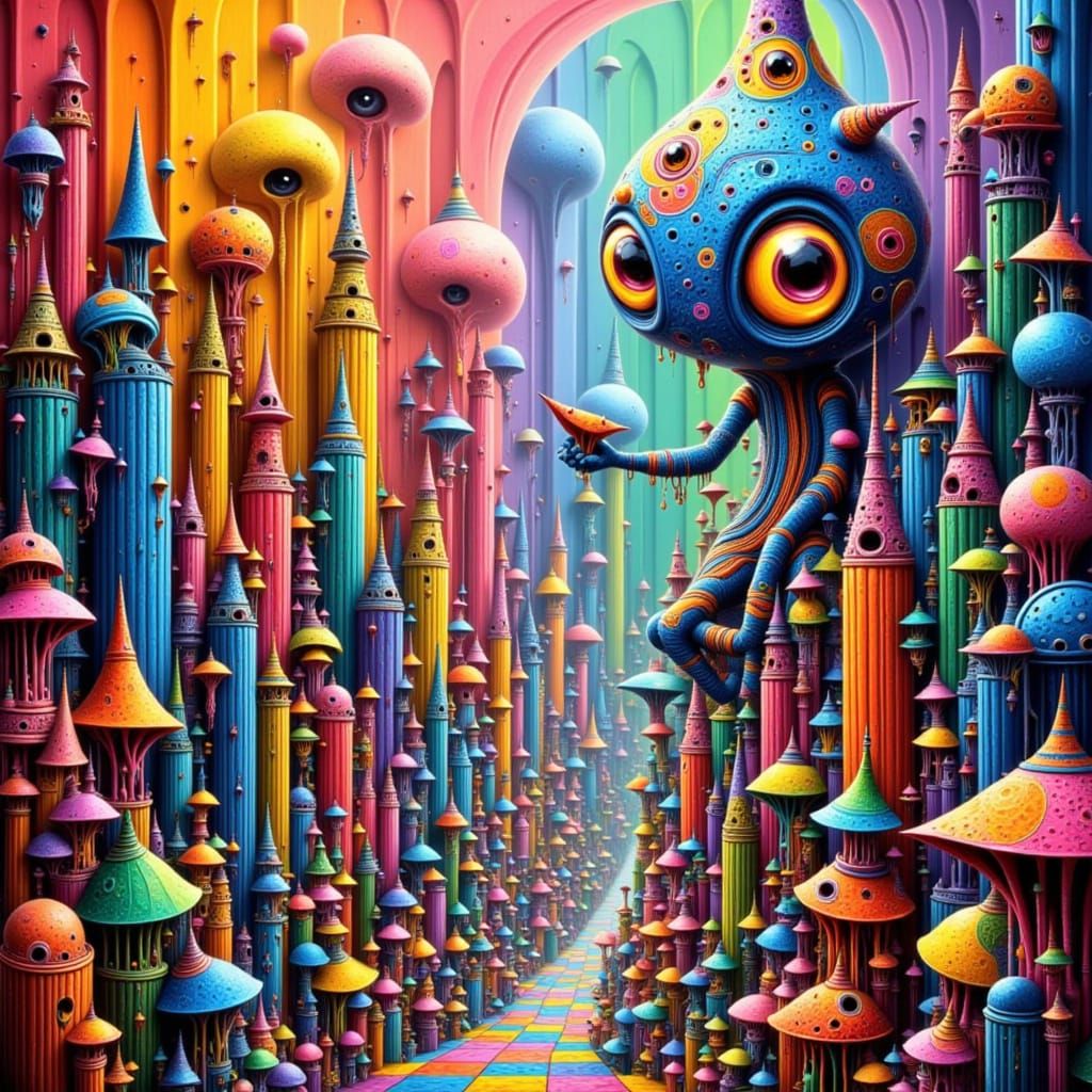 Sentient Pencils Reshape Cityscape in Surreal Style