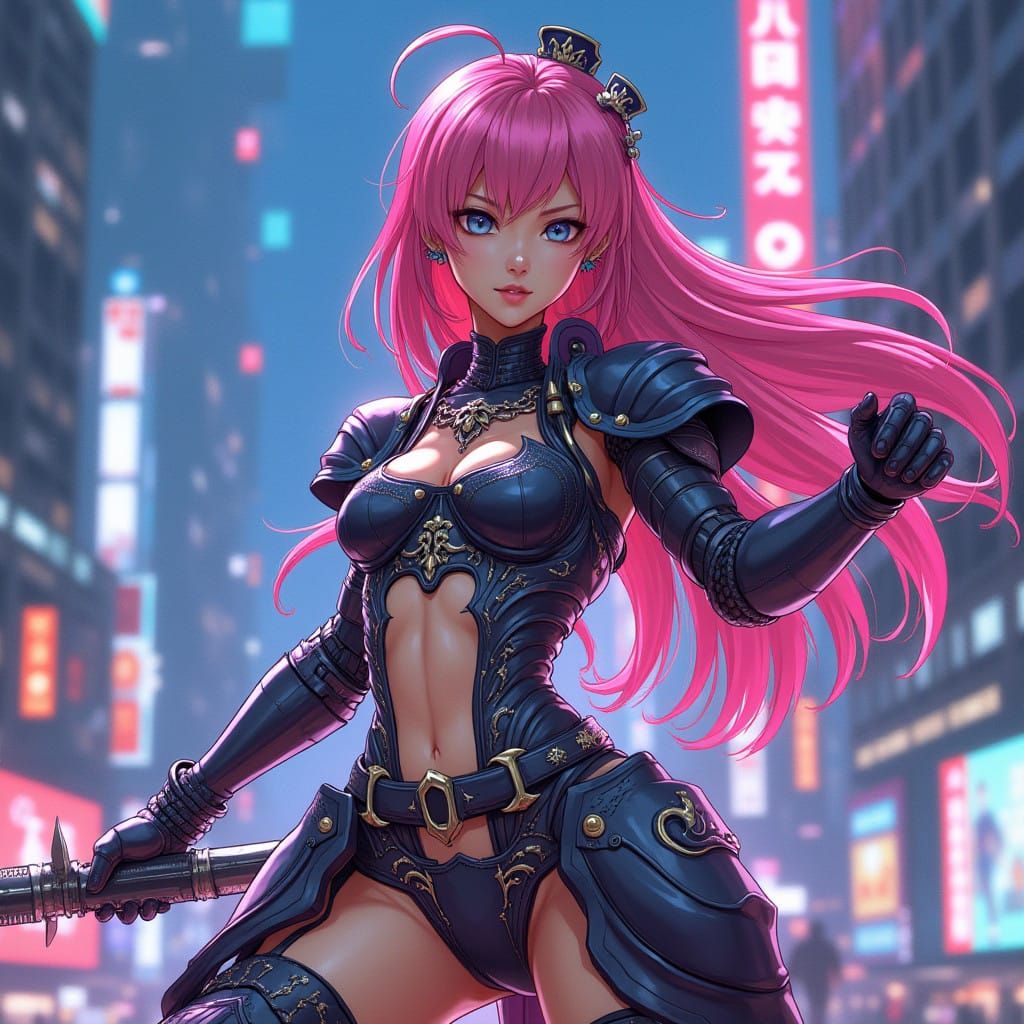 Anime Warrior in Cyberpunk Cityscape