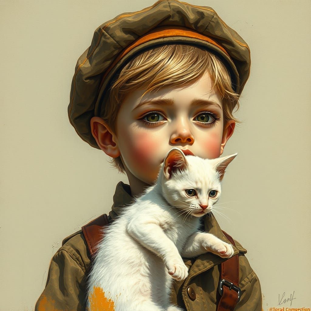 Boy with Kitten in Olive and Tan Vintage Art