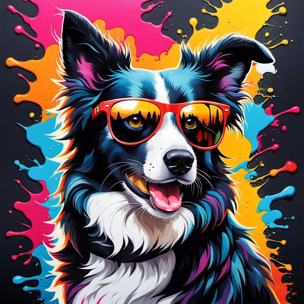 Border Collie with Sunglasses in Graffiti Art