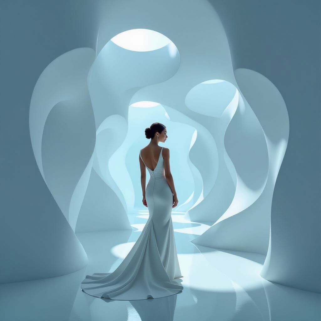 Woman in Surreal Sculpted Space With Optical Illusions