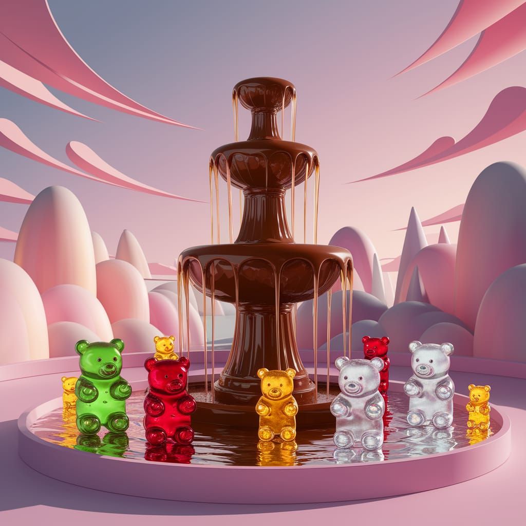 Gummy Bears at a Chocolate Fountain in Pastel Park