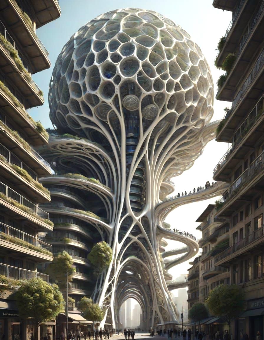 Organic Cyberpunk Cityscape in Neurographic Filigree