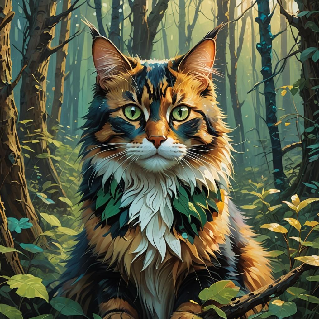 Calico Cat in Whimsical Forest: Fantasy Concept Art