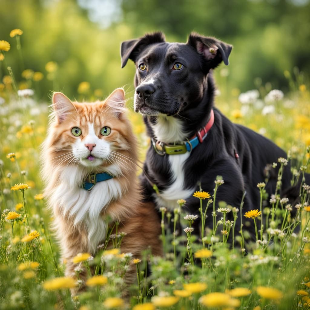 Cat and Dog Friends in a Meadow