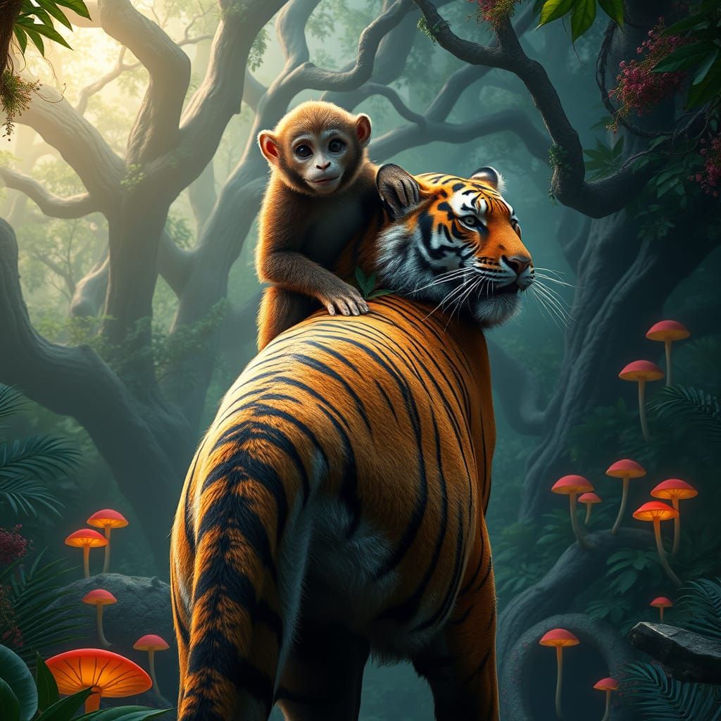 Majestic Monkey Rides Golden Bengal Tiger Through Vibrant Ju...