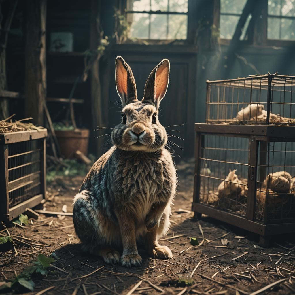 Rabbit Escapes Cage: Cinematic Film Still