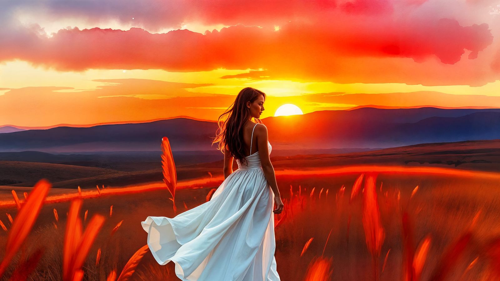 Dramatic Sunset in Watercolor with Fire Red Palette