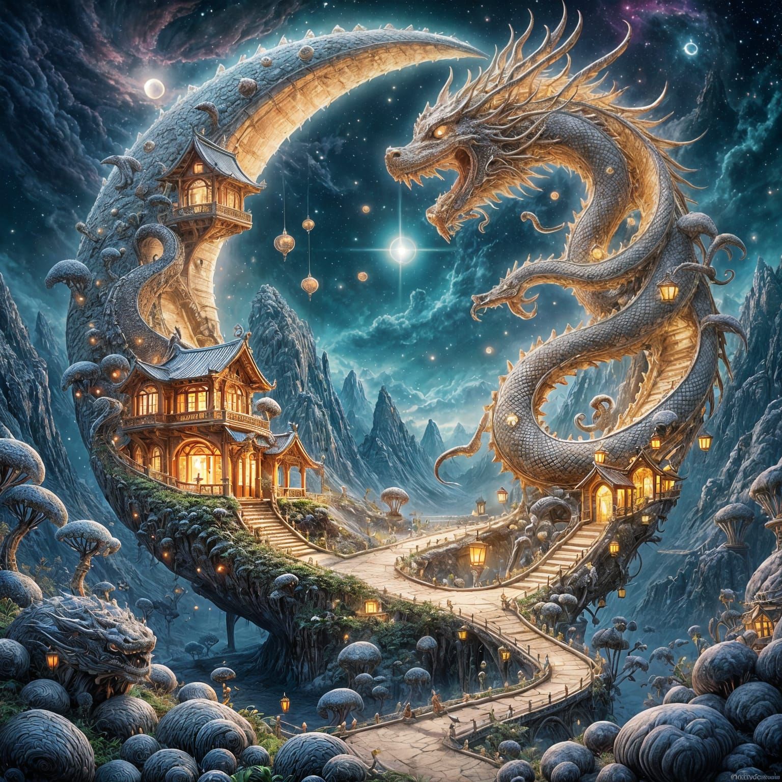 Majestic Chinese Dragon on Luminous Crescent Moon Sanctuary