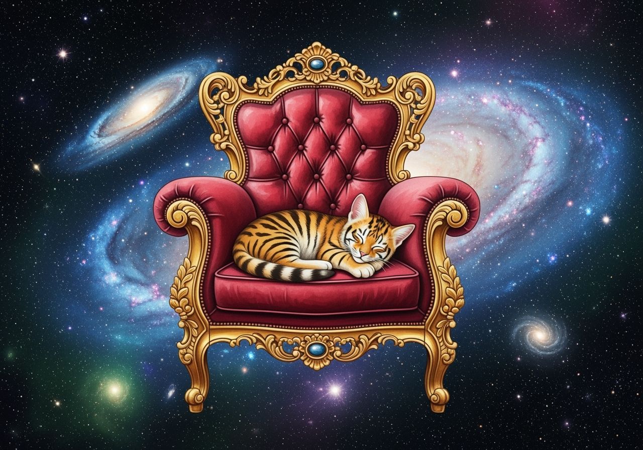 Cosmic Kitten Napping on Baroque Armchair