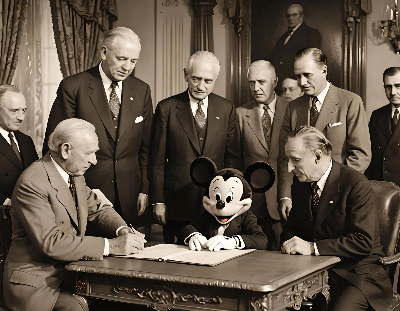 Mickey Mouse Signs Treaty: Vintage Sepia Photography