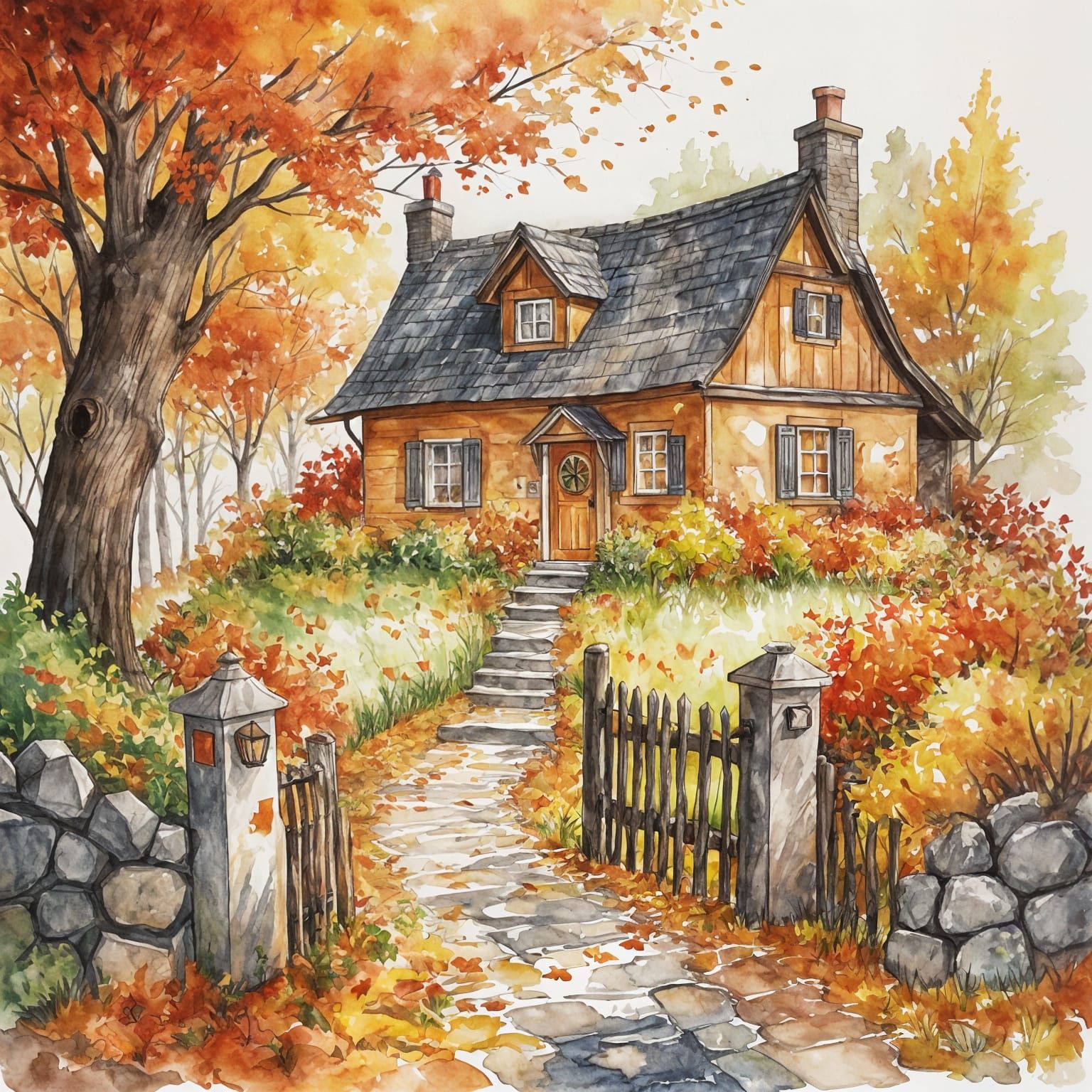 Whimsical Watercolor Cottage in Autumn Splendor