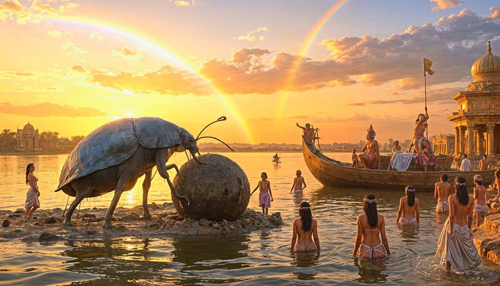 Stinkbug Rolls Dung Ball by Nile River Sunset