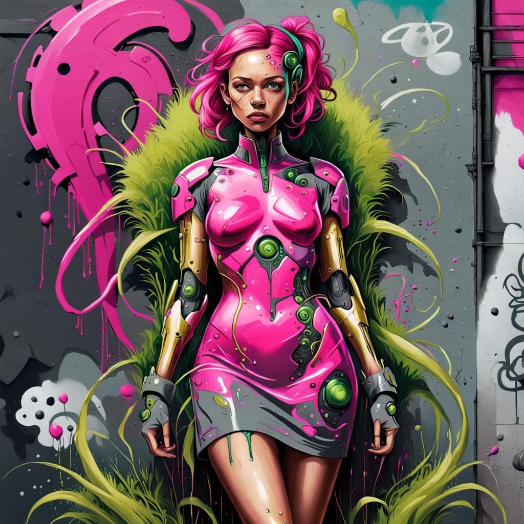 Vivid Pink Cyborg in Graffiti Street Art Style
