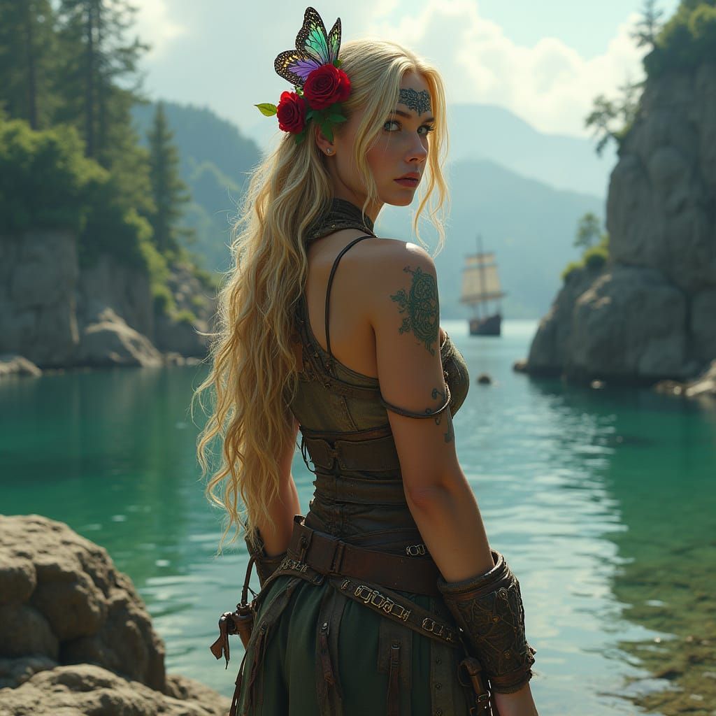 Enchanting Pirate Woman in Whimsical Fantasy Setting