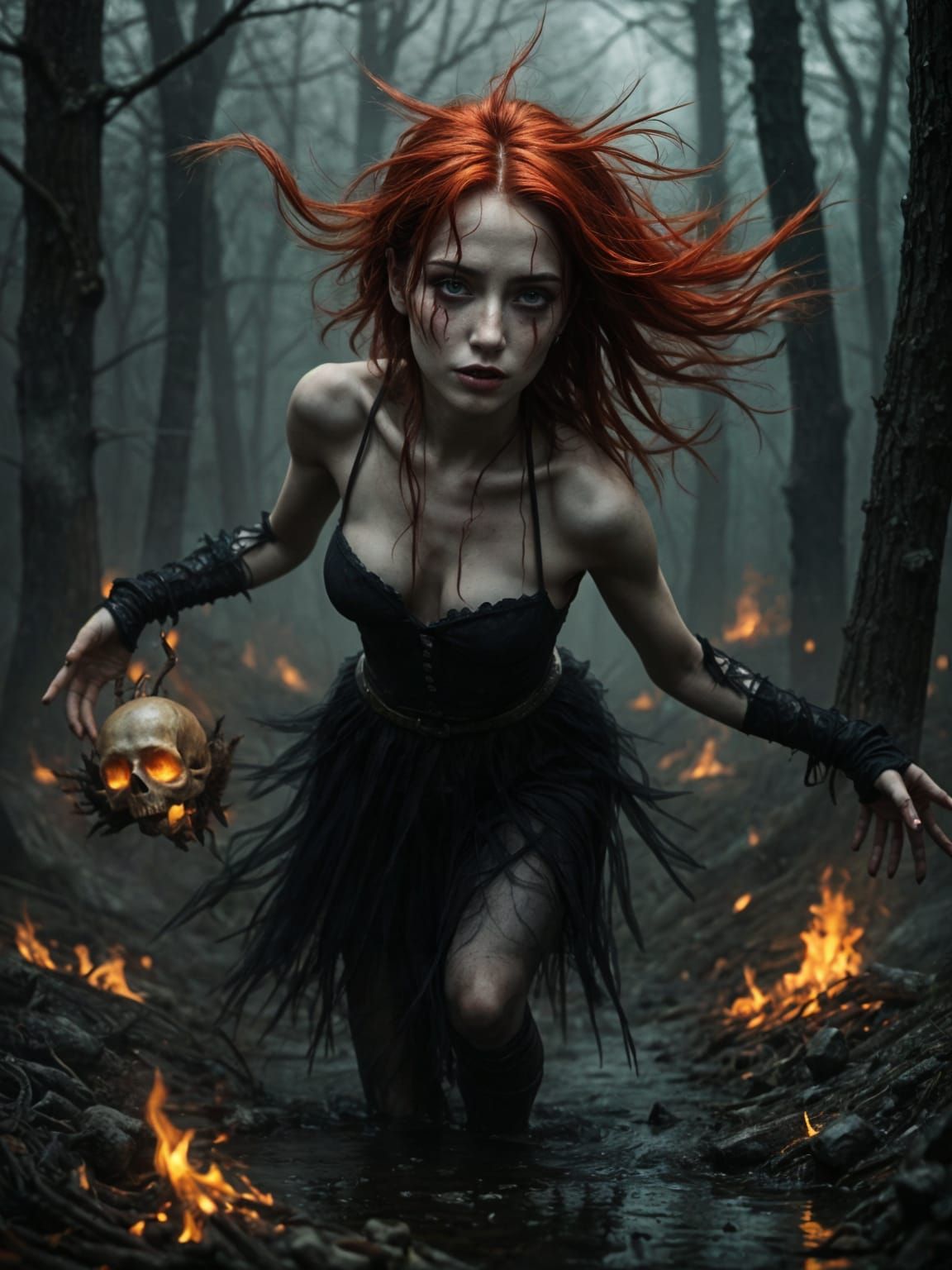Red-Haired Witch Dancing in Post-Apocalyptic Forest