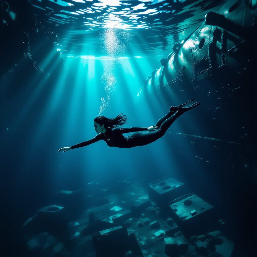 Asian Woman Swims Through Submarine Wreckage in Deep Water