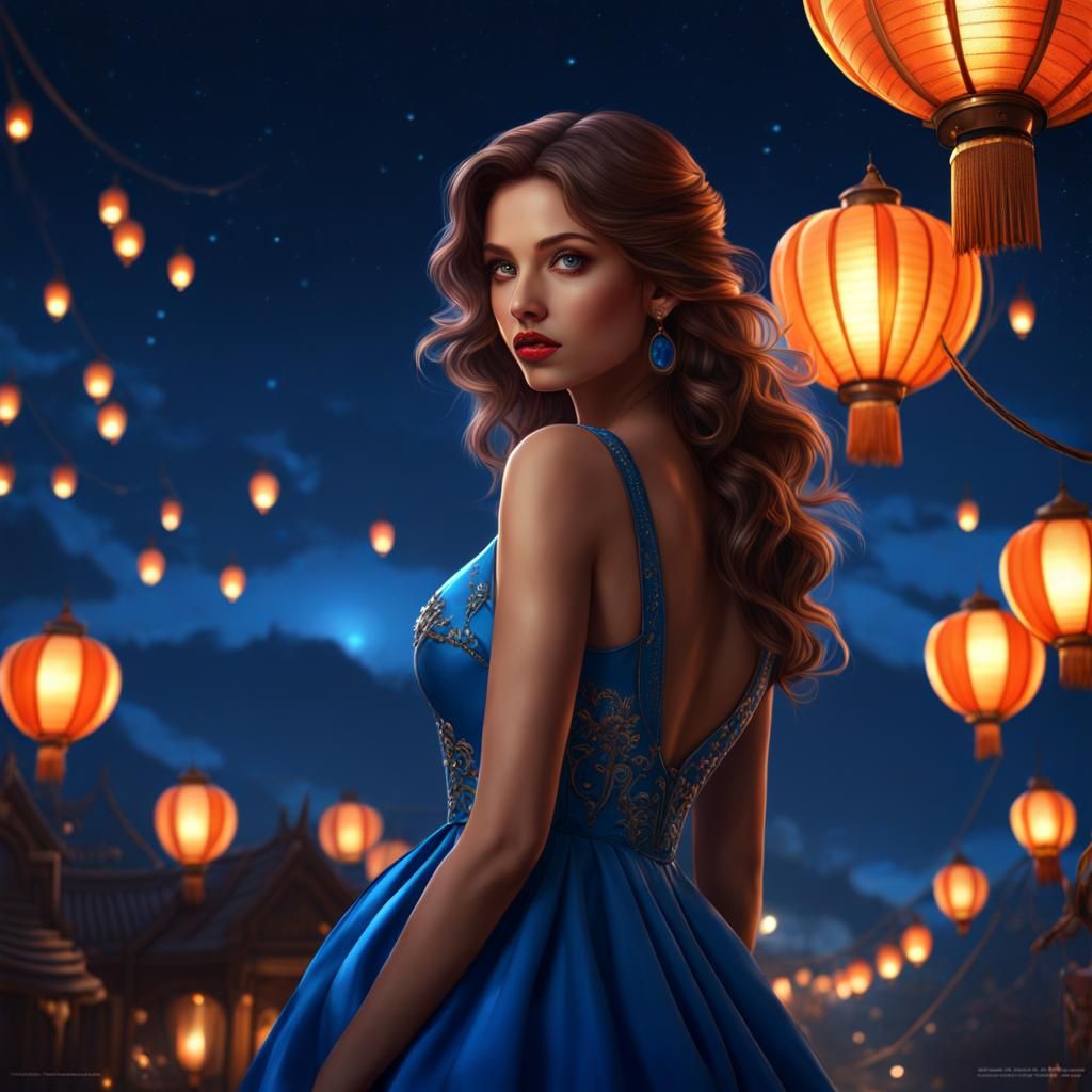 Girl Gazing at Lanterns in Night Sky