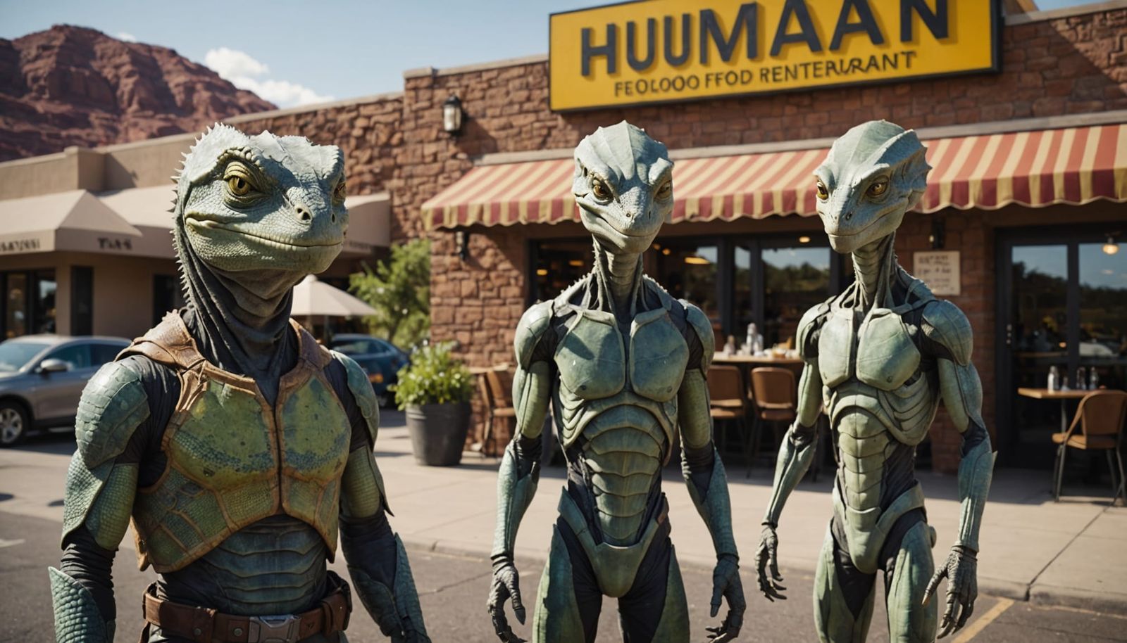 Hyperrealistic Lizard Man and Alien at Restaurant