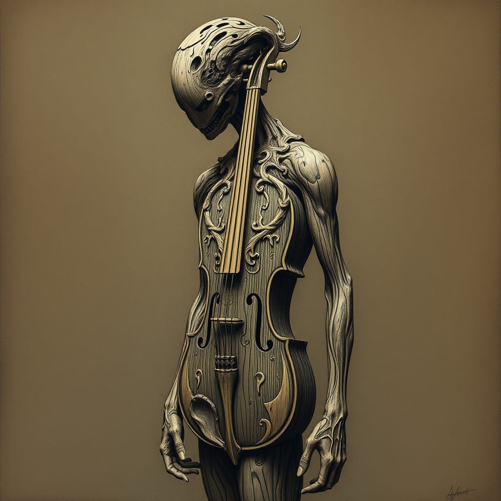 Violin Humanoid Horror in Gothic Illustration Style