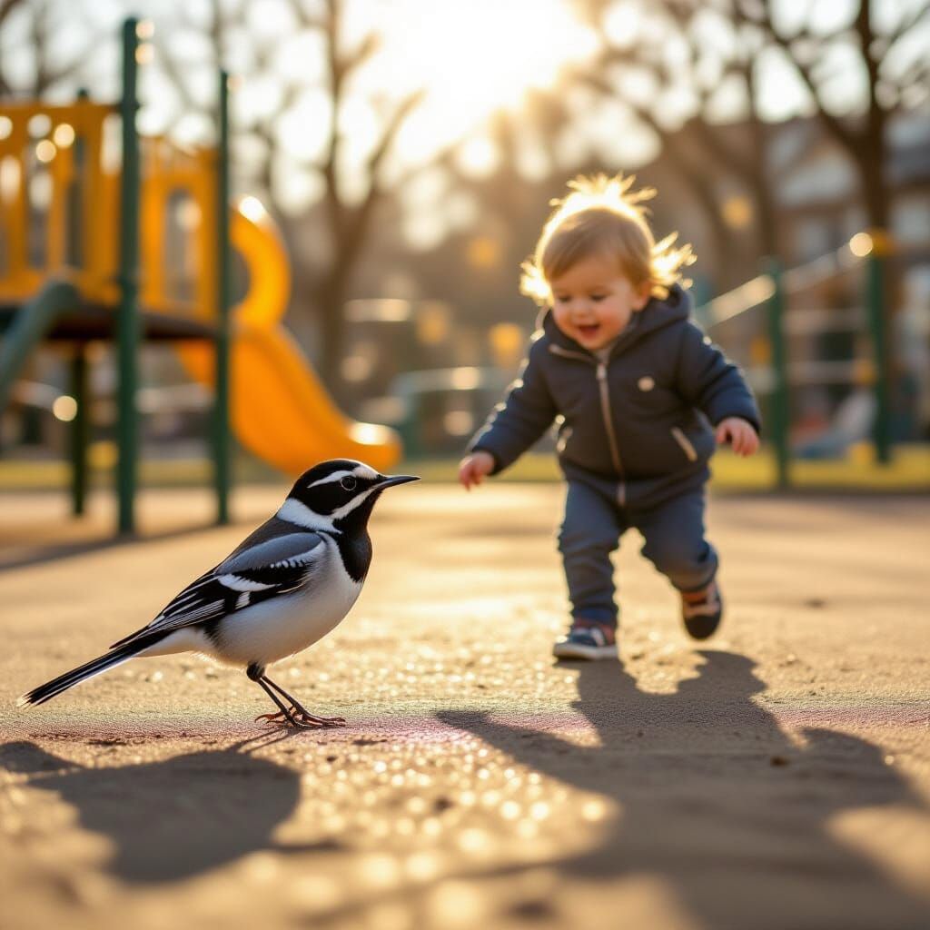 Wagtail Bird and Child in Playground Photo