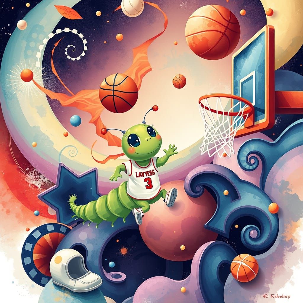 chibi caterpillar throwing a basketball in a basketball hoop
