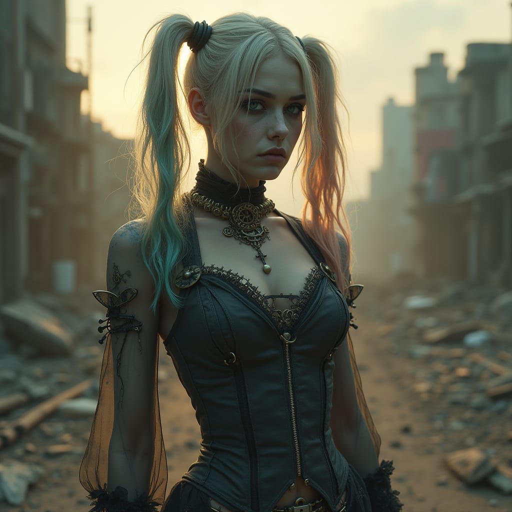 Gothic Clockwork Harley Quinn in Post-Apocalyptic City