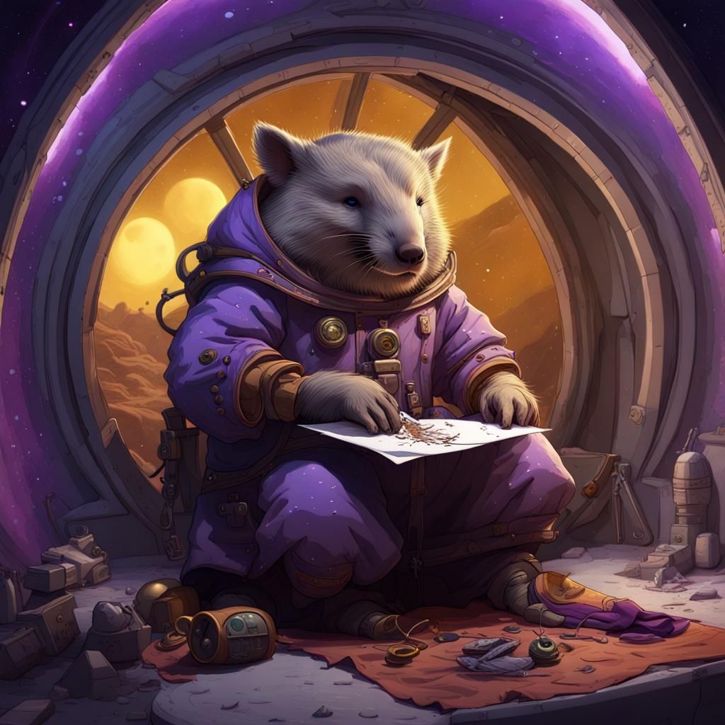 Wombat Tailor on the Moon in Dark Fantasy Style