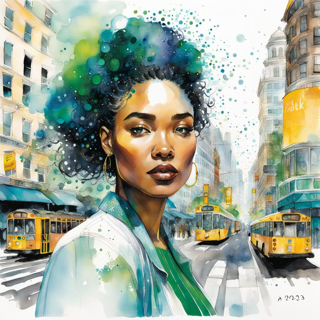 a highly detailed illustration of a beautiful young women in city 2023, by David Mack, Eric Carle,Valerie Hegarty,Rebecc...