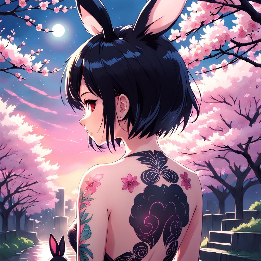 Anime Woman with Rabbit Tattoo in Dark Fantasy Style