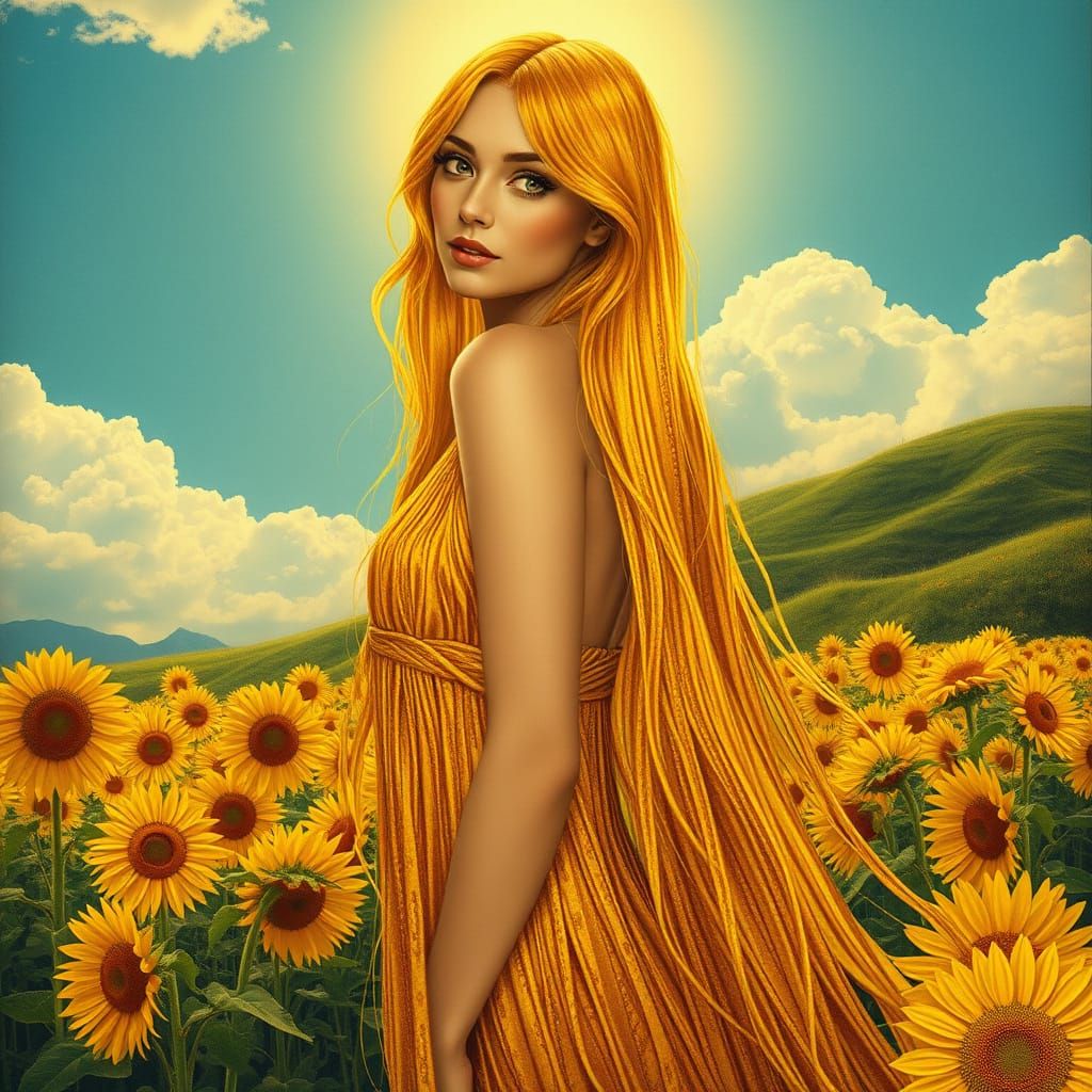 Golden Woman in Sunflower Field, Art Nouveau Style