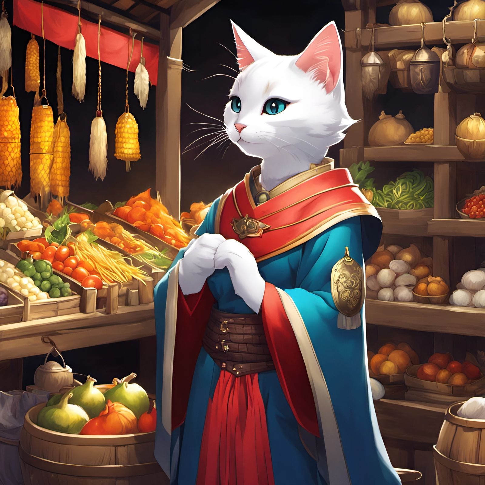 Merchant Cat at Medieval Market in Anime Style