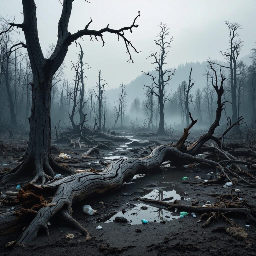 Devastated Forest Ecosystem with Toxic Mist and Plastic Wast...