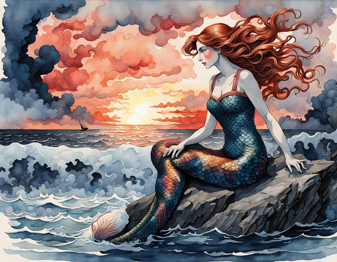 Mermaid Discovery: European Ink and Watercolor Illustration