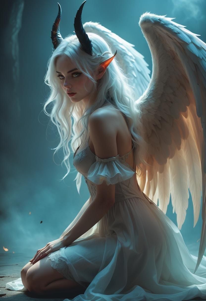 Half Angel Half Demon Woman in Dark Fantasy Style