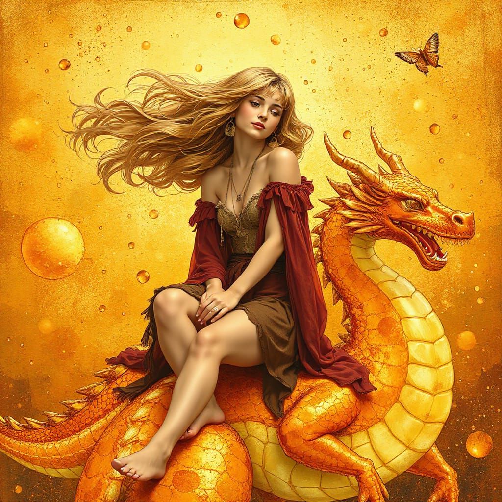 Whimsical Fantasy Art Nouveau Woman on Gummy Dragon