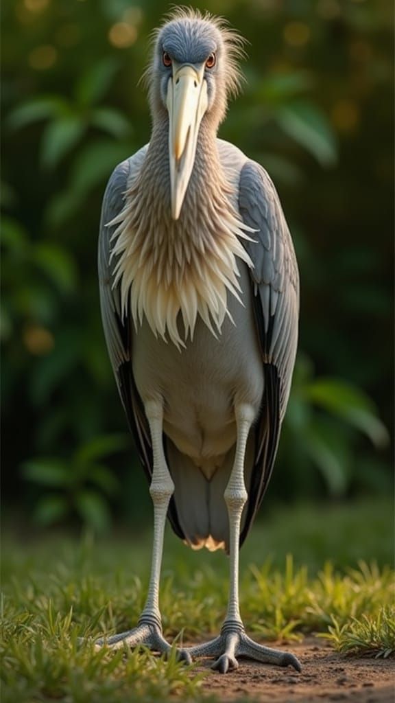 Shoebill Stork Portrait in Lush Garden Setting