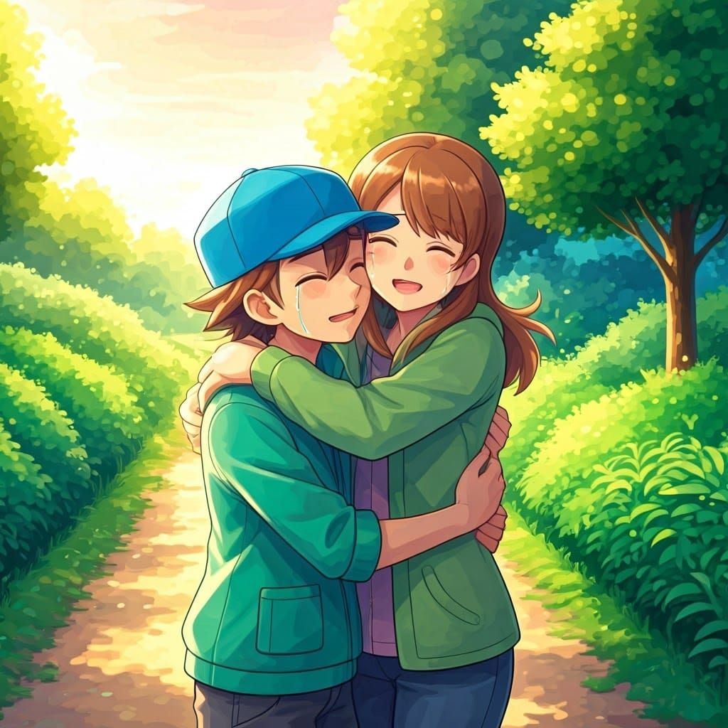 Pokémon Trainer's Heartfelt Reunion at Sunset: Whimsical Art