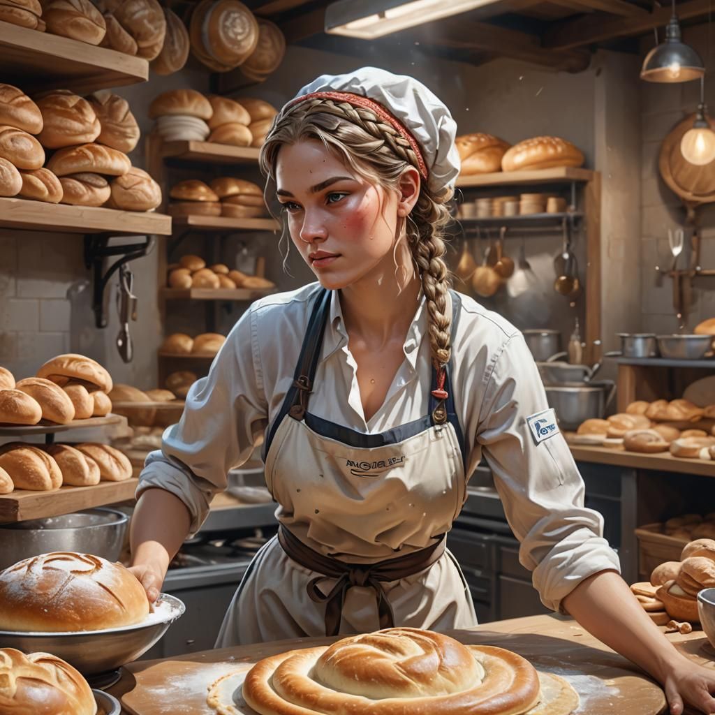 German Baker Kneading Dough: Hyperdetailed Portrait