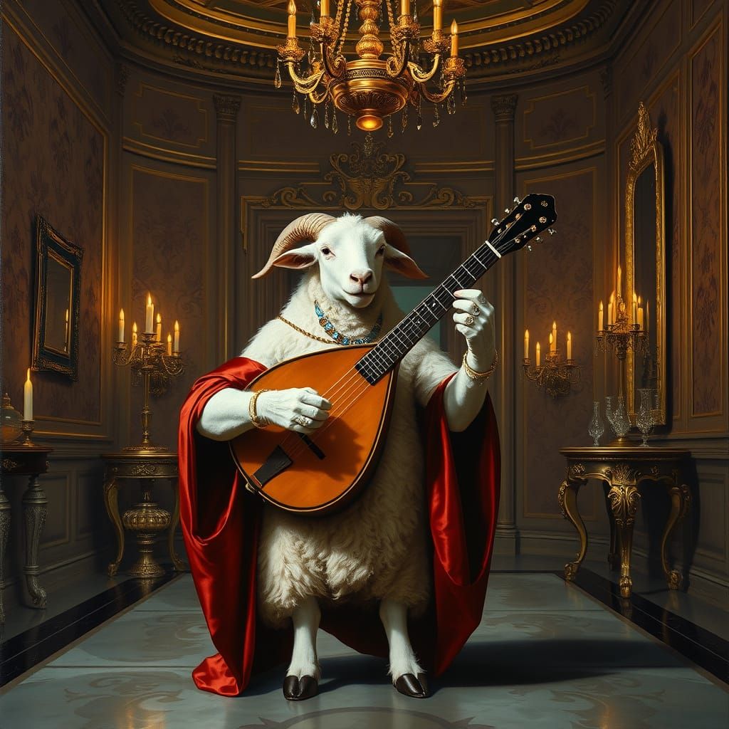 Baroque Palace Sheep Plays Lute at Twilight