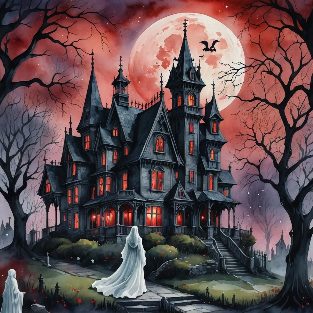 Eerie Gothic Haunted House Digital Watercolor Illustration