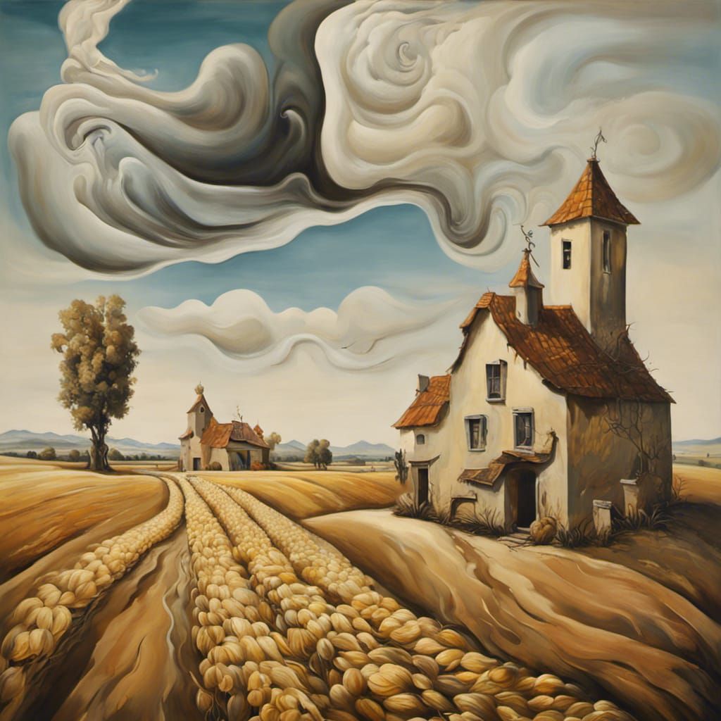 Surrealist Cornfield Village in Dali Style