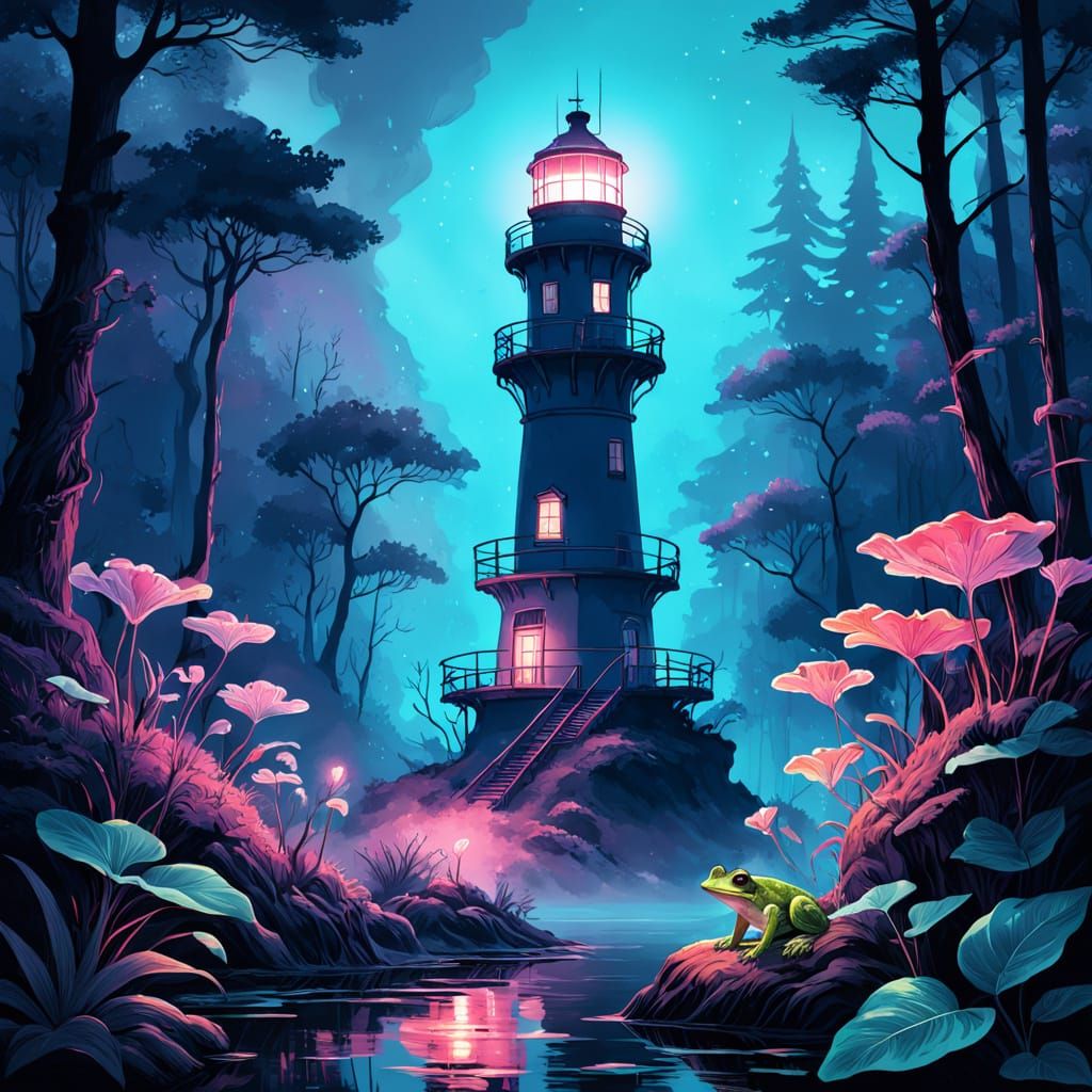 Bioluminescent Frog on Fantasy Lighthouse in Watercolor