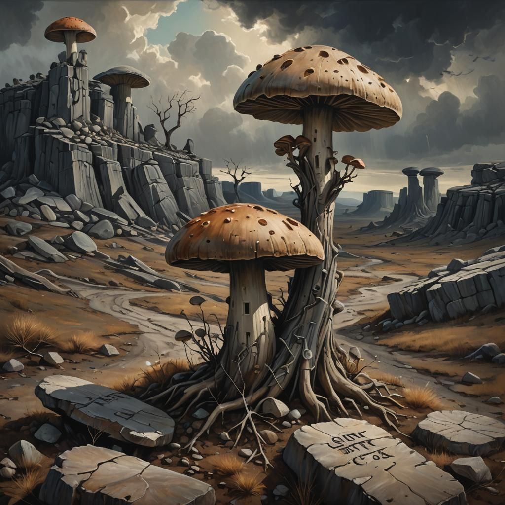 Stone Mushroom in Surreal Landscape: Art Deco Style