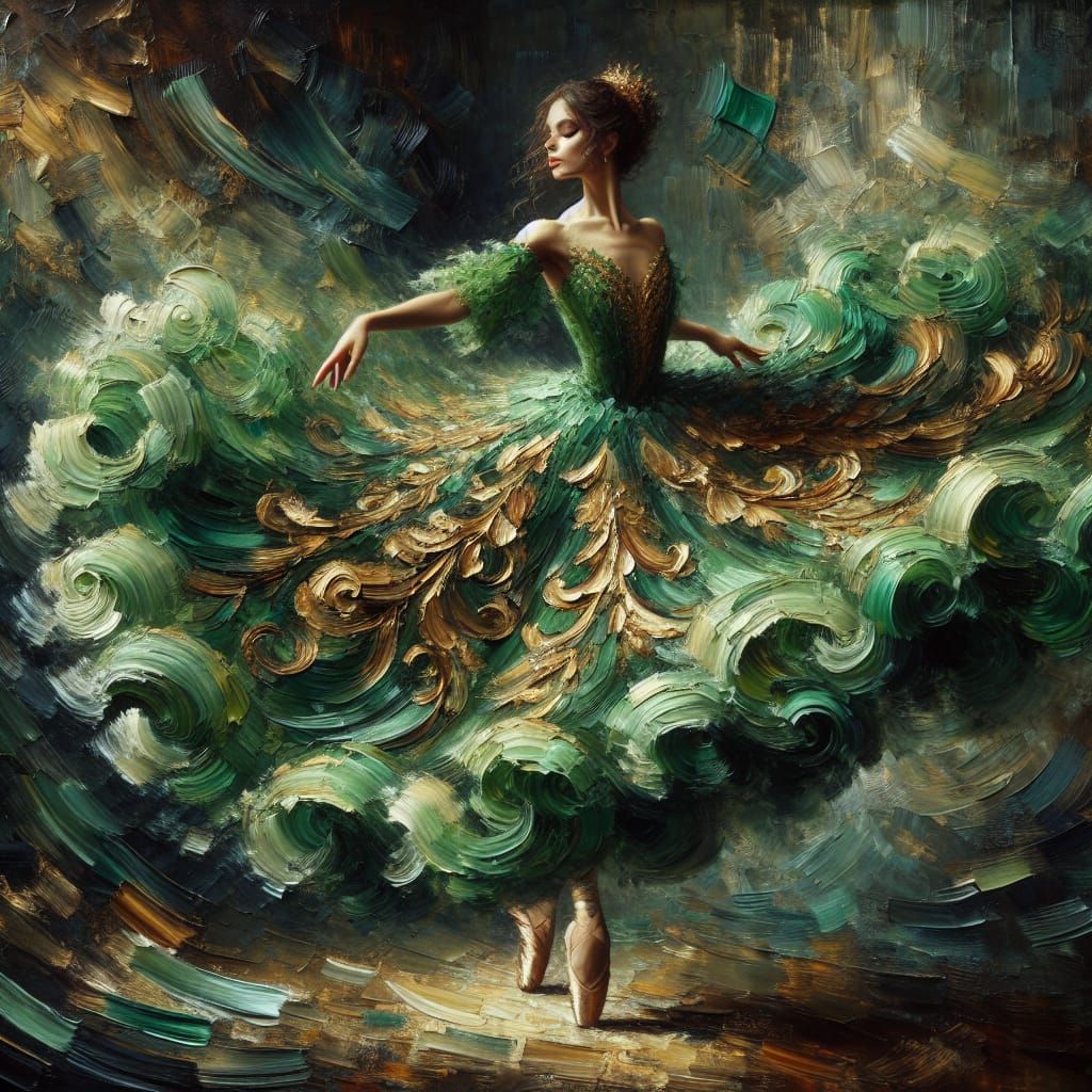 Ballerina in Verdant Green Dress, Impasto Style Painting