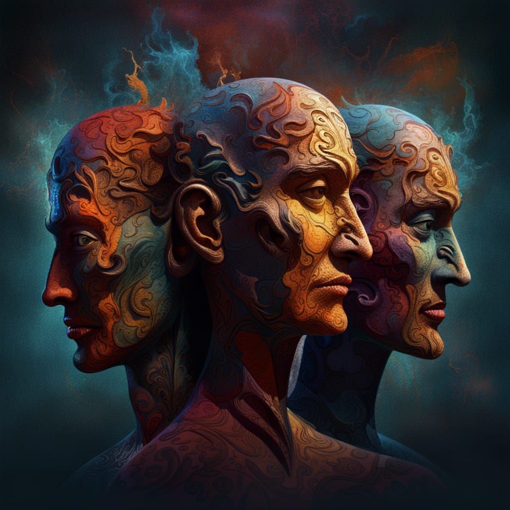 Cubist-Style Three-Headed Figure in Detailed Matte Painting