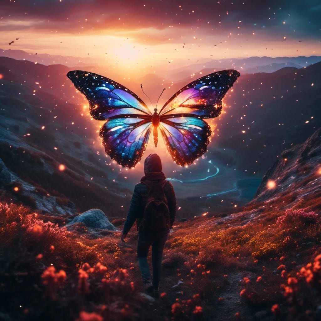 Mystical Butterfly with Galactic Wings at Sunset